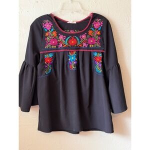 Entro Women Black Floral Embroidered Bell Sleeve Boho Blouse Top Medium
